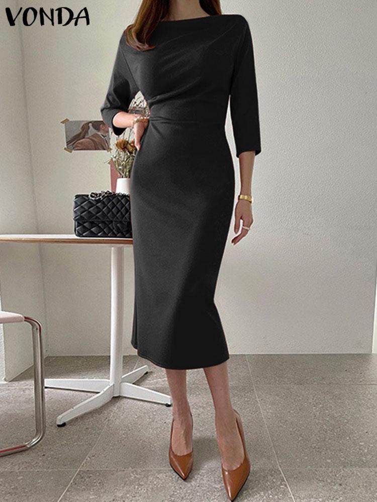 

Dresses Vonda Elegant Solid Color Dress 2023 Fashion Women Summer Long Sleeve Sundress Sexy Party Midi Dresses Casual Vestidos Femme, Red