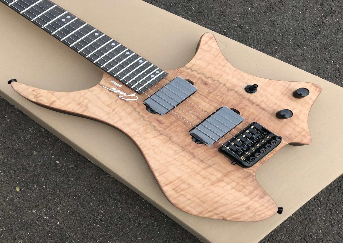 

Custom OS 6 String Natural Koa Flame Maple Top Headless Electric Guitar KD Patent Tremolo Tailpiece Black Hardware8172055