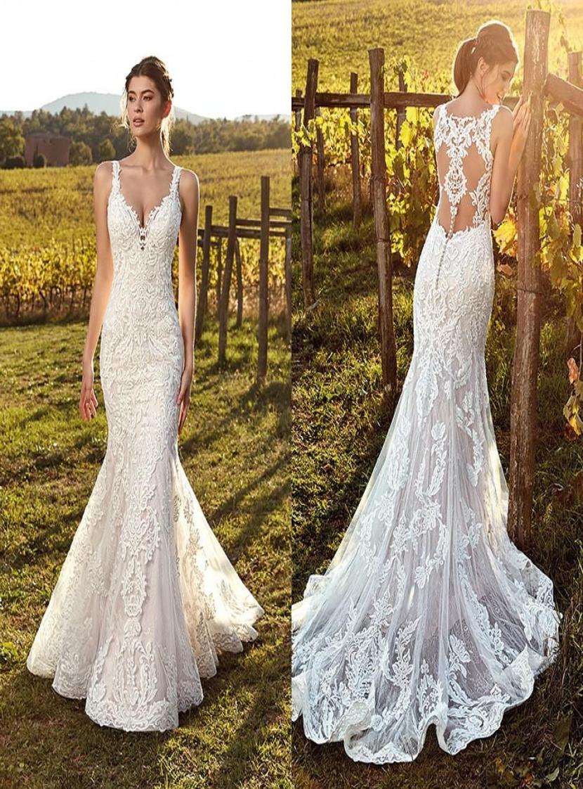 

2022 Vintage Ivory Straps Deep V Neck Lace Mermaid Wedding Dresses Full Lace Tulle Summer Beach Wedding Bridal Gowns Illusion Back5704905, Black