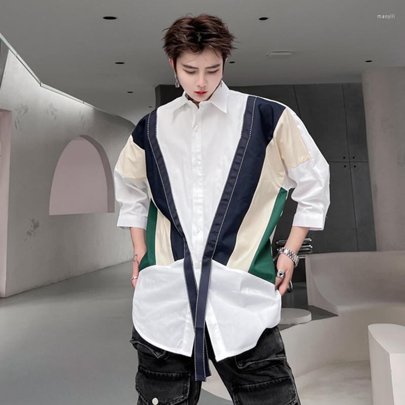 

Men's Casual Shirts SYUHGFA Korean Pesonality Spliced Striped Men's Trendy Summer Fashion Niche Contrast Color Patchwork Short Sleeve, White