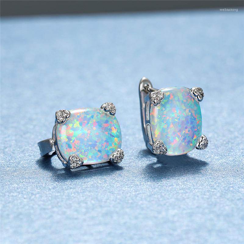 

Hoop Earrings Fashion Silver Color Wedding Classic Oval Stone Small Stud Vintage Female White Blue Opal For Women