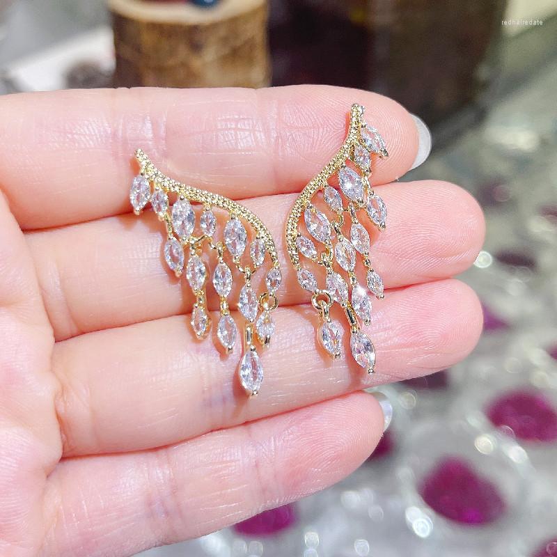 

Hoop Earrings Wing Chain Zirconia Long Korean Style Wedding Fashion White Flash Jewelry Drop Accessories