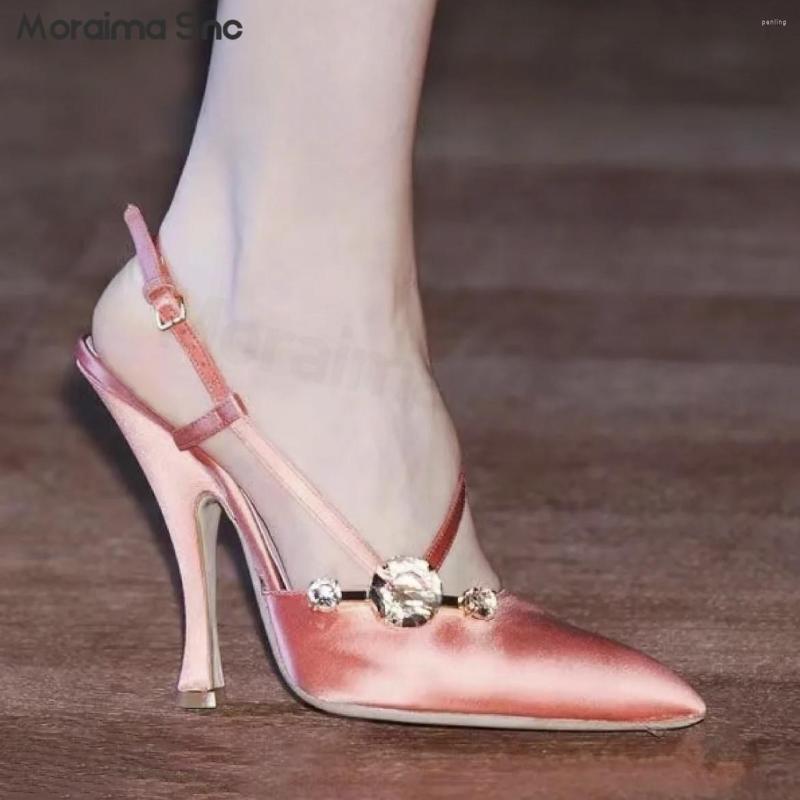 

Dress Shoes Pink Leather Rhinestone High-Heeled With Back Empty Fashion Sandals Pointed Toe French Elegant Temperament Ladies' Pumps, Picture shown