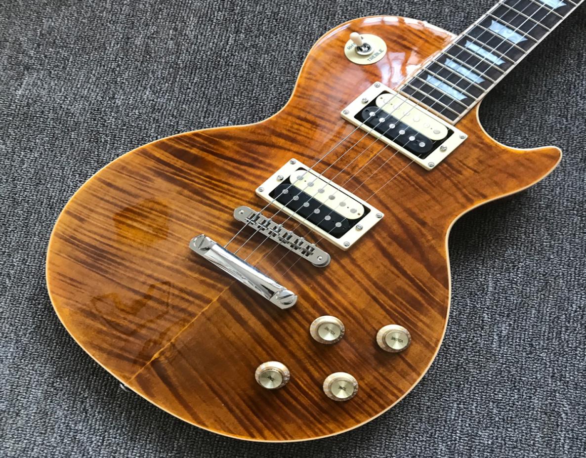 

New Manual customization electric guitar Flame Maple Top frets cream binding one piece of neck body TuneoMatic bridge 7238524