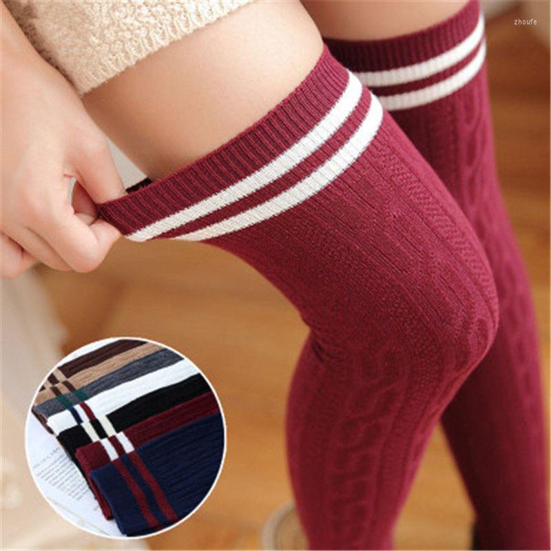

Women Socks Sexy Stockings Female Thigh High Over The Knee Fashion Women's Long Cotton Stocking Twist Vertical Stripe Two-bar Japanese, Wine red