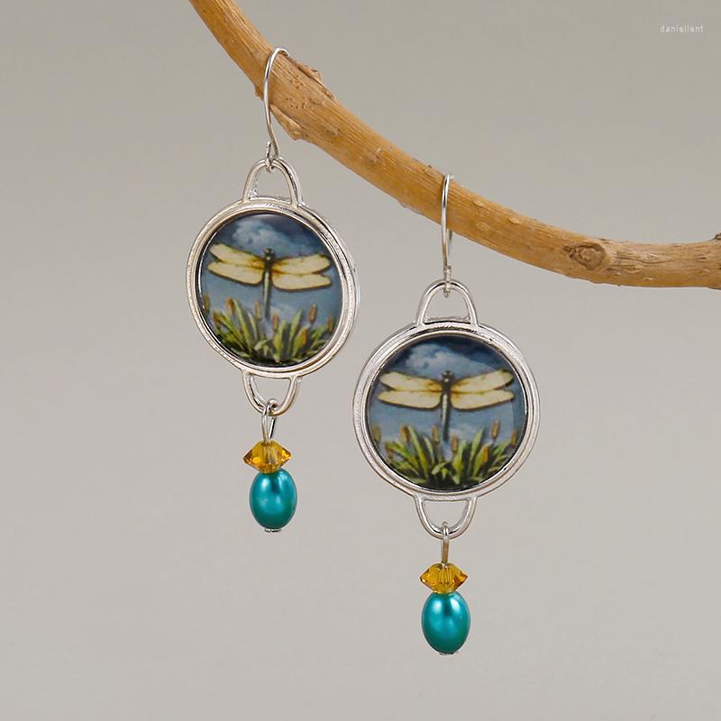 

Dangle Earrings Retro Circular Dragonfly Pattern Women's With Pearl Crystal Pendant
