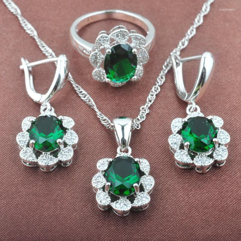 

Necklace Earrings Set Green Zircon Women's Silver Color Crtstal Pendant Ring Christmas Gift TZ0401, Picture shown
