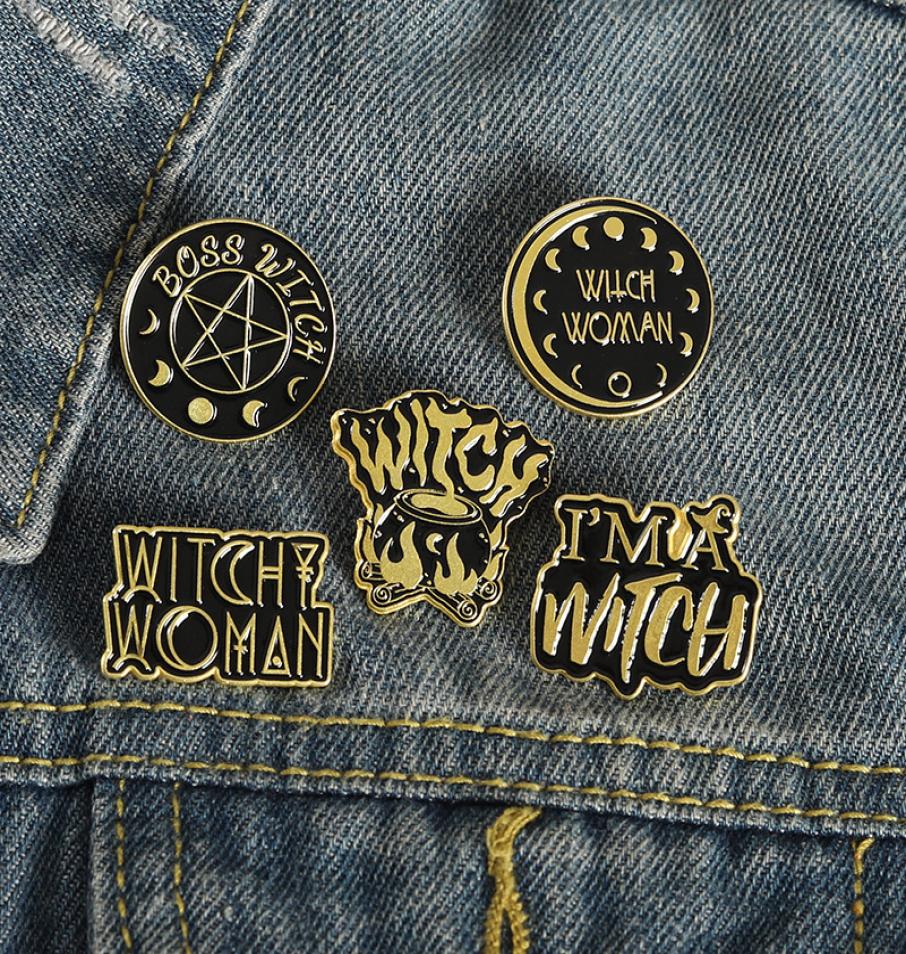 

Black Color Letter Round Vintage Witch Enamel Brooches Pin for Women Fashion Dress Coat Shirt Demin Metal Funny Brooch Pins Badges2618617