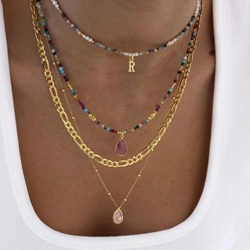 

Choker Bohemian Natural Freshwater Pearl Colored Stone Beaded Necklace Unique Design Letter And Water Drop Pendant Decoration