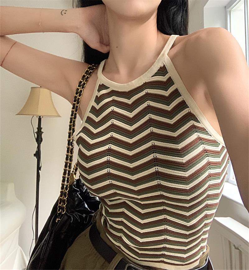 

Women's Tanks French Vintage Short Camisole Top Women's Crop Summer Slim Fit Sleeveless Striped Tank Sexy Streetwear, Green