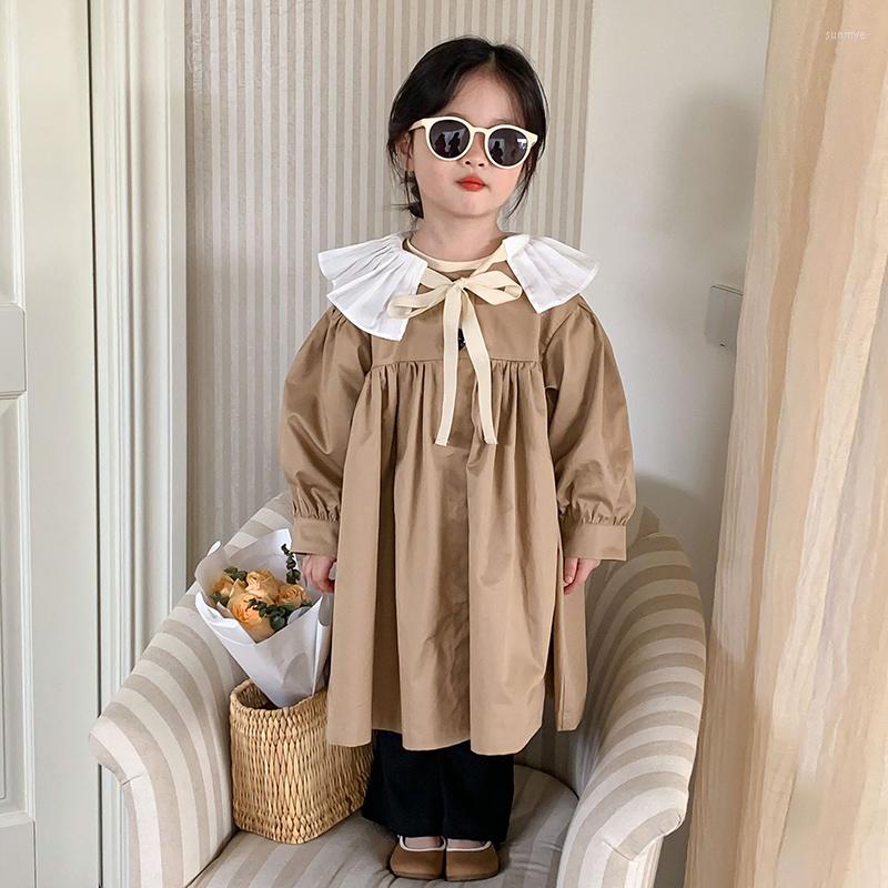

Coat Spring Autumn Girls Trench Baby Jacket Kids Outwear Children Fashion Clothes Detachable Pleated Collar Patch Ruched 2-7Y, Khaki trench