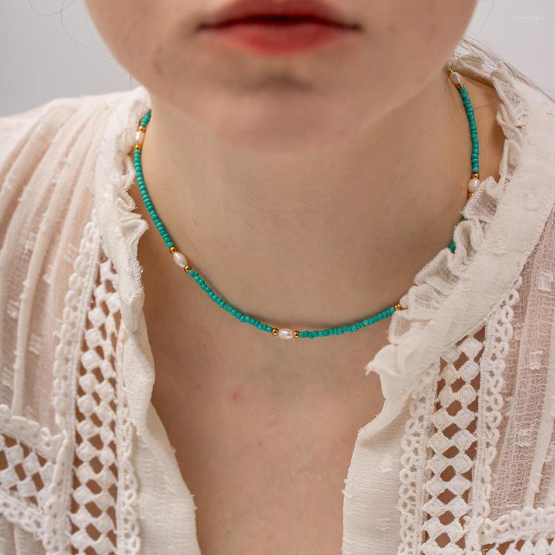 

Chains Bohemia Stainless Steel Blue Millet Bead Necklace For Beach Women Cute Design White Pearl Waterproof Jewelry Party Gift Bijoux