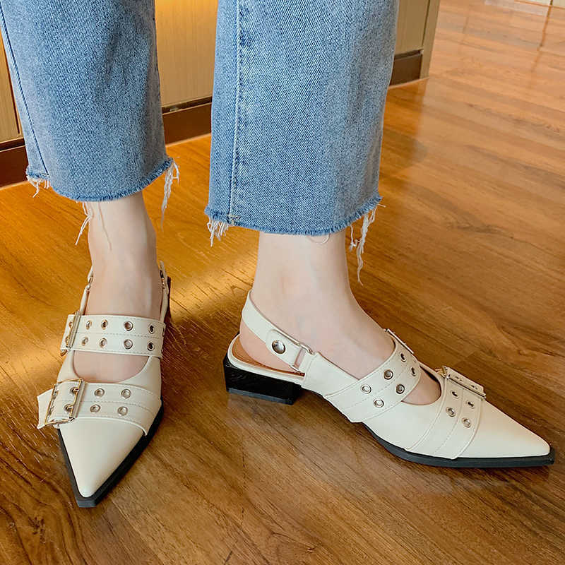 

Sandals 2023 New Fashion Buckle Women Low Heel Shoes Slingback Luxury Ladies Pumps Shallow Pointed Toe Female Sandal Mules 230511, Black