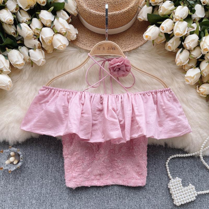 

Women's Blouses French Chic Sexy Off-shoulder Corset Top Ruffles Flower Halter Neck Female Blusas De Mujer Summer Blouse For Women Drop, Pink