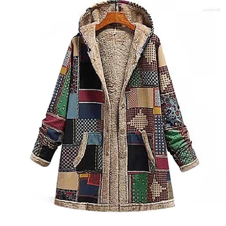 

Women's Jackets Winter Vintage Women Coat Warm Printing Thick Fleece Hooded Long Jacket With Pocket Ladies Outwear Loose For, Red
