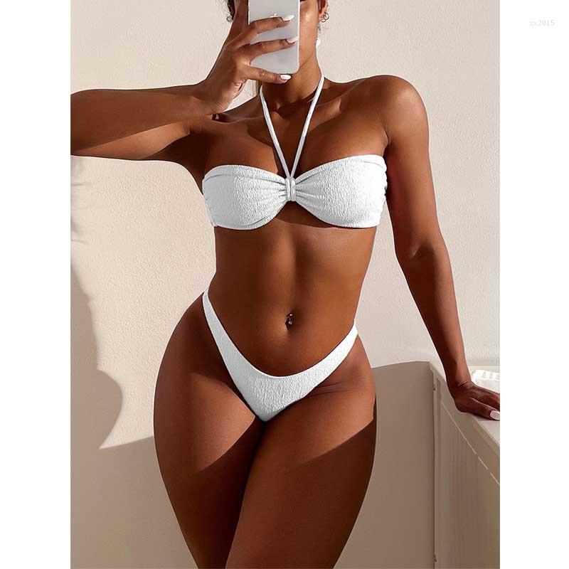 

Women's Swimwear 2023 Sexy Ribbed Bikini Swimsuit Women Bandage Halter Set Bathing Suit Swimming Biquini Female White, Rfd0202we