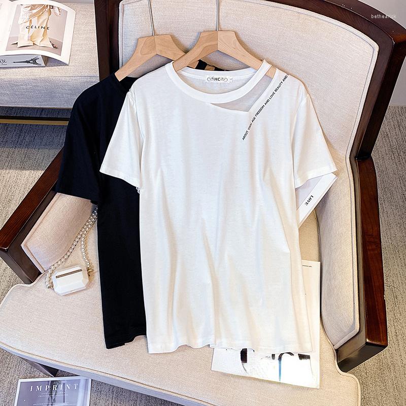 

Women's T Shirts XL- Large Size Mesh Splice T-shirt Female Short-sleeve Loose Oversize Tops Simple Letter Print Cotton Korean White, Black