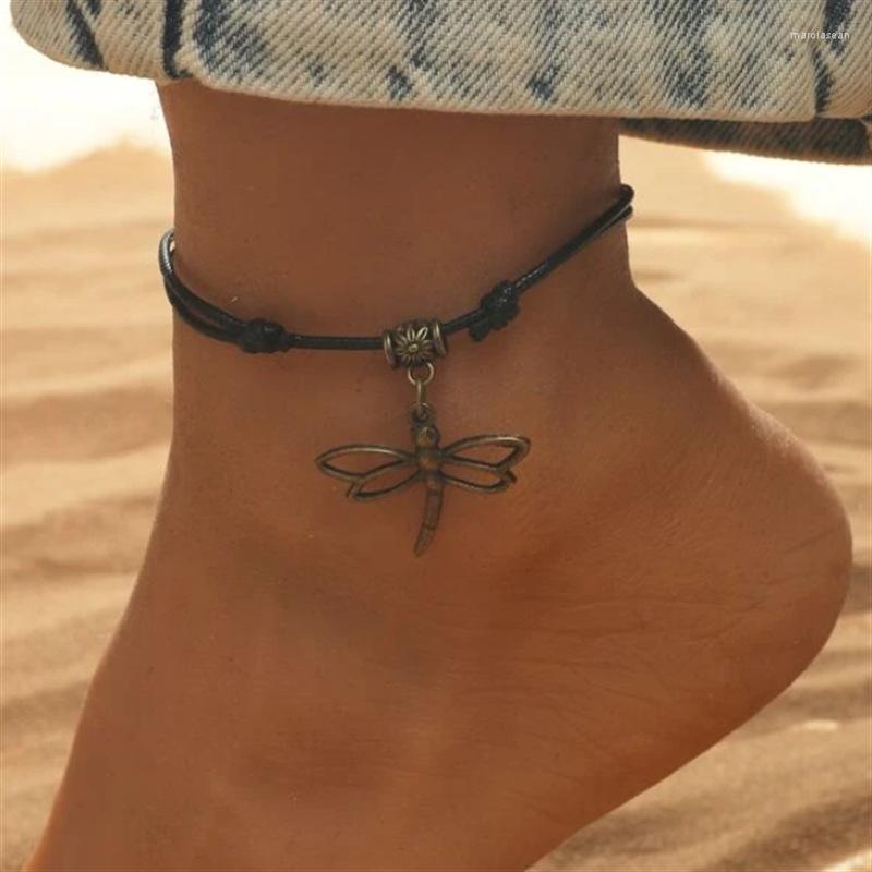 

Anklets Vintage Bohemia Black Wax Thread Chain Ankle Bracelet On Leg Foot Jewelry Dragonfly Charm Adjustable Anklet Set For Women Gift