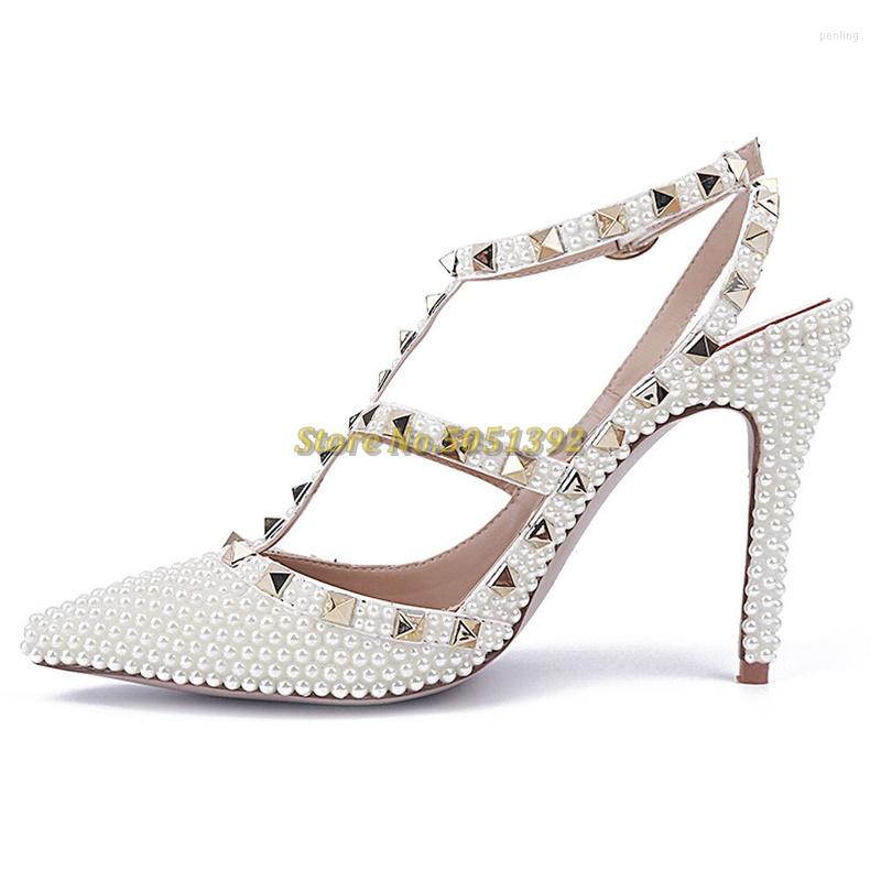

Dress Shoes White Pearls Decor Pumps Sexy Pointed Toe T Strap Cut Out Women Rivet Ladies Elegant Custom Made, Silver