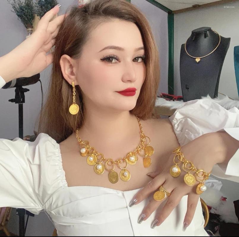 

Necklace Earrings Set 24K Gold Plated Dubai Jewelry Bracelet Ring Bridal Wedding Party Accessories YY10118, Picture shown