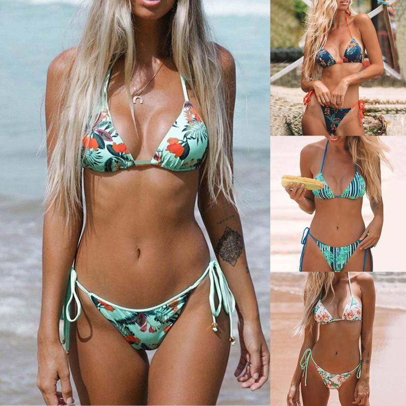 

Women's Swimwear Women Lace Up Neck Hanging Swimsuit Set Double Waist Rope Sexy Bikini Printed Two Piece Suit, Dark blue