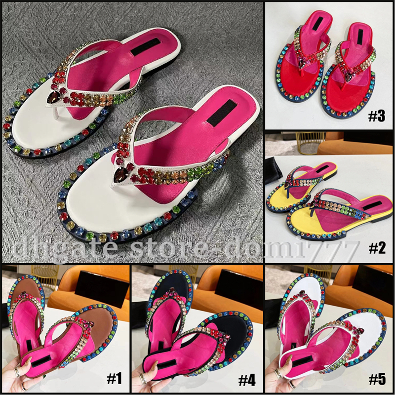

Top-Quality Fashion Brand LOGO Leather Flip Flops with Colorful Diamonds Slippers Sandals for Summer, #3 hot pink-red