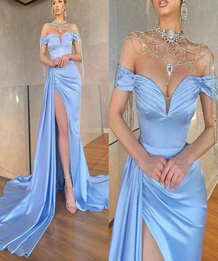 

2022 Sky Blue Satin Mermaid Evening Dress High Split Off Shoulder Prom Party Gowns Elegant No Cap Robe De Soiree Vestidos De Fiest8799957, Burgundy