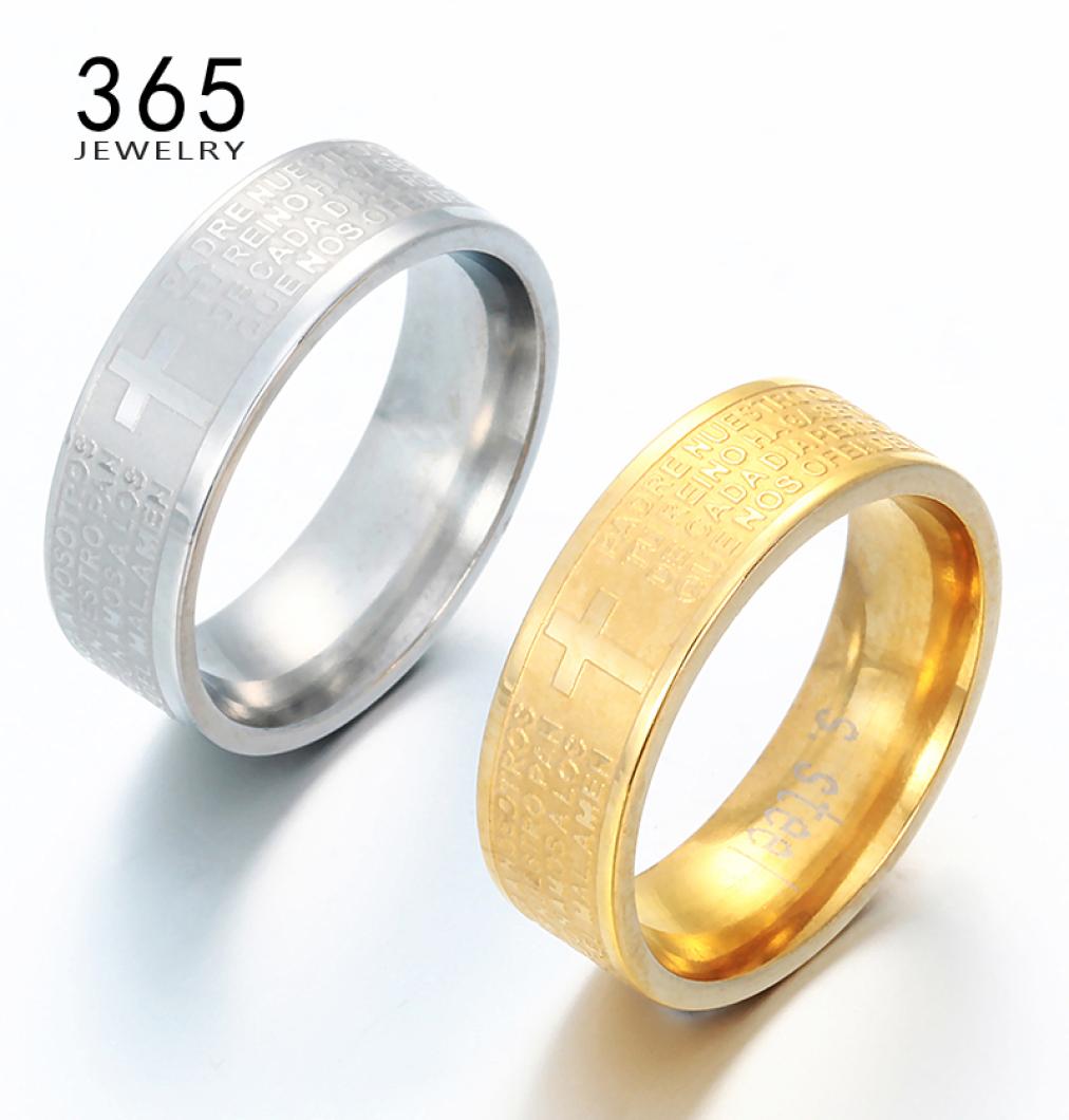 

Gold Titanium 100 Stainless Steel Prayer Finger Rings Jesus Bible Letter Lord039s Prayer Cross Ring for Men Women Bel3021623