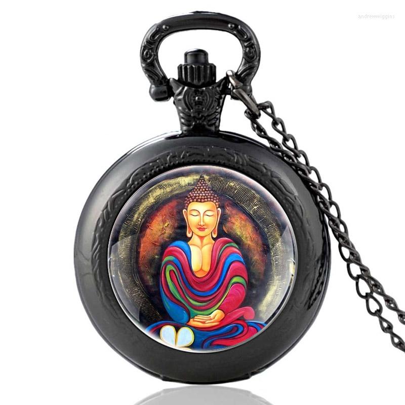 

Pocket Watches Vintage Holy Buddha Design Charm Quartz Watch Men Women Pendant Necklace Hours Clock Gifts, Black
