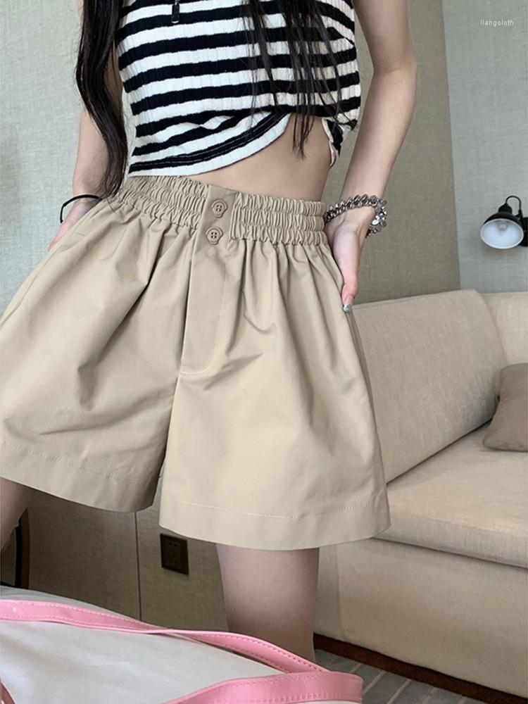 

Women' Shorts Korean Elastic High Waist Women Double Button Wide Leg Summer Woman Solid Color Loose Short Pants Female, Black
