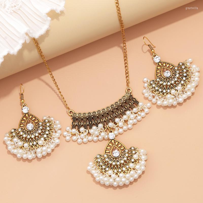 

Necklace Earrings Set ZOSHI 2023 Arrival For Women Bohemian Pearl Beads Crystal Pendant Ethnic Wedding Jewelry, Picture shown