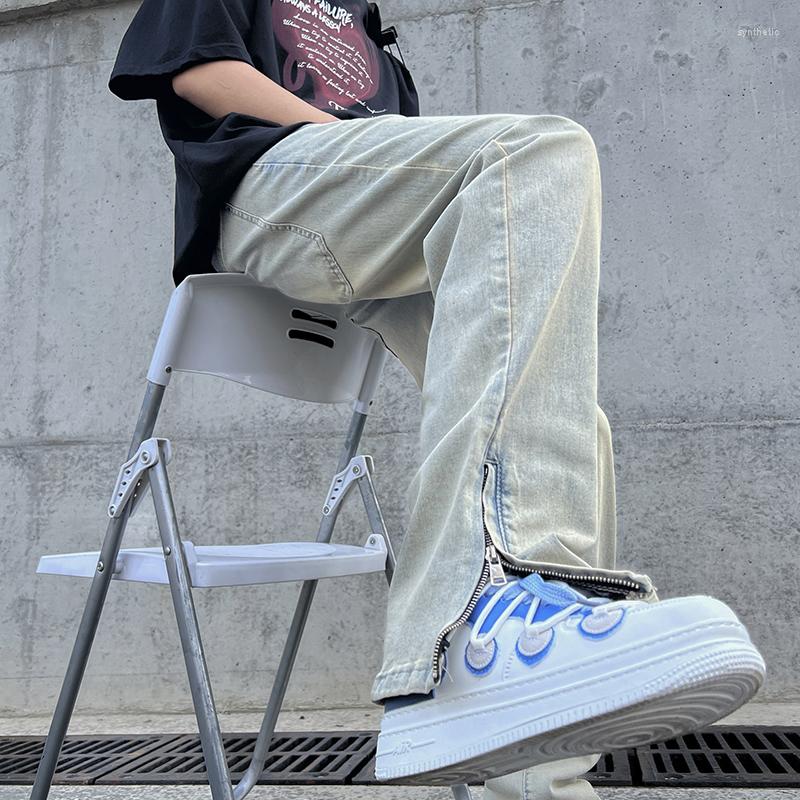 

Men' Jeans High Street Mud Yellow Micro La Elastic Waist Boys' Denim Pants American Side Zipper Design Feel, Blue