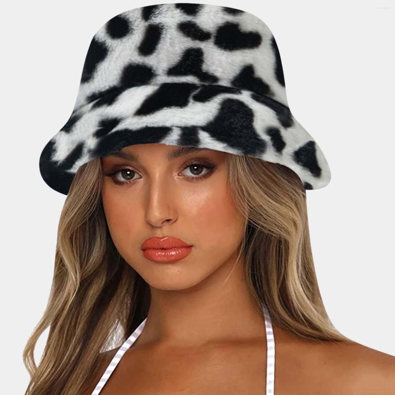 

Berets 25# Polka Dot Printed Winter Thick Bucket Hat For Women Men Warm Basin Flat Top Cap Lamb Cashmere Soft Warmer Bonnet