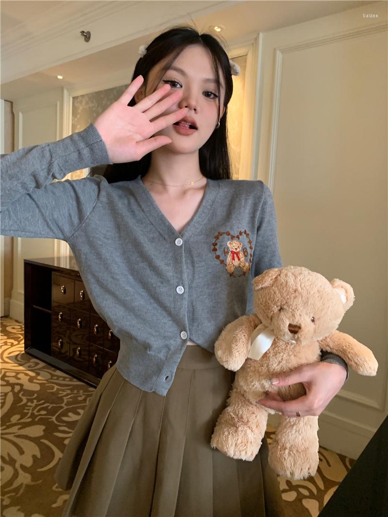 

Women's Knits Cardigan Women V-neck Long Sleeve Bear Embroidery Pull Femme 2023 Ropa Mujer Fashion Casual Knitted Cropped Coat, Black