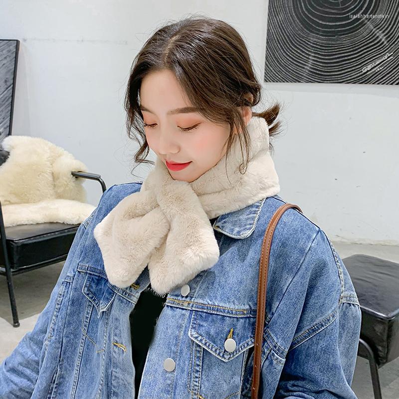 

Scarves Women Winter Warm Thicken Scarfs Solid Color Faux Fur Plush Cross Collar Scarf Shawl Elegant Soft Comfortable