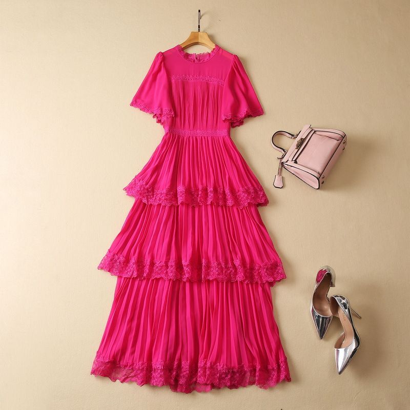 

European and American women' clothes 2023 summer new Round neck Short sleeve lace Fashion Cake Pleated Dress XXL, White