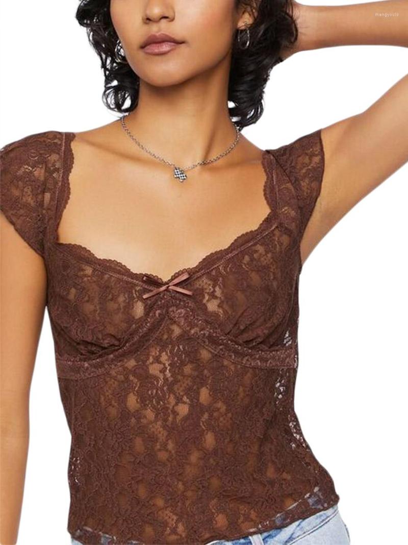 

Women' Tanks Womens Sheer See Through Floral Lace Crop Top Y2K Short Sleeve Mesh Shirts Sexy Going Out Tops, G-brown