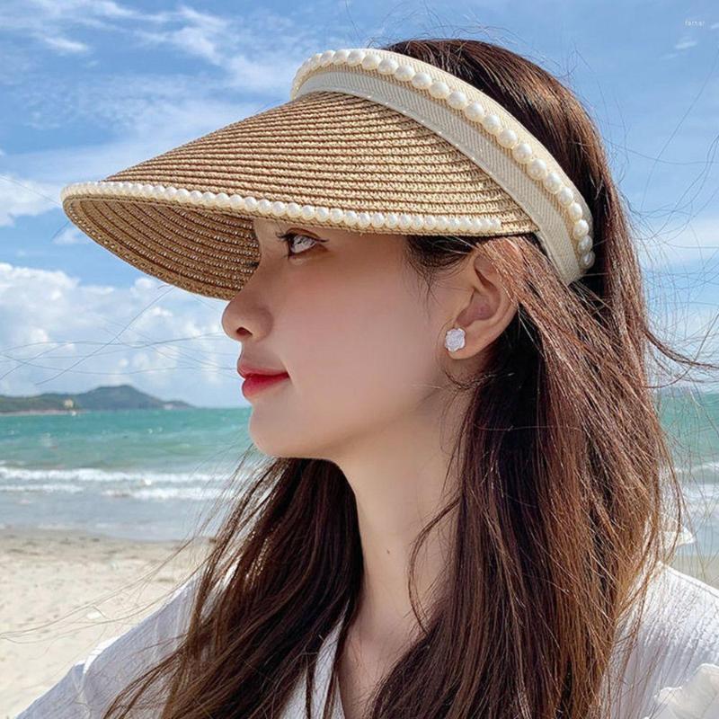 

Wide Brim Hats Summer Portable Pearl Visors Sun Hat Beach Straw Cap, Khaki