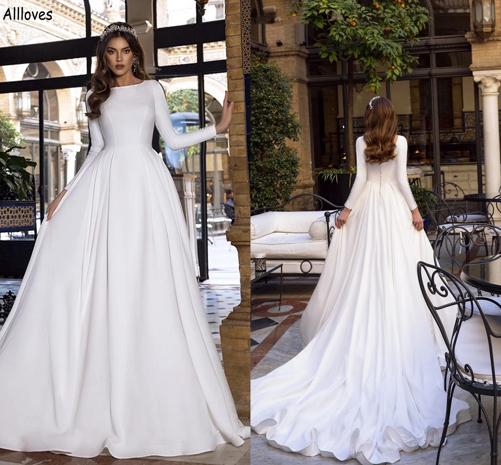 

Muslim Caftan Middle East Simple Satin Wedding Dresses Long Sleeves Jewel Neck A Line Dubai Arabic Bridal Gowns Modern Covered Back Bride Vestidos De Novia CL2358, Gold