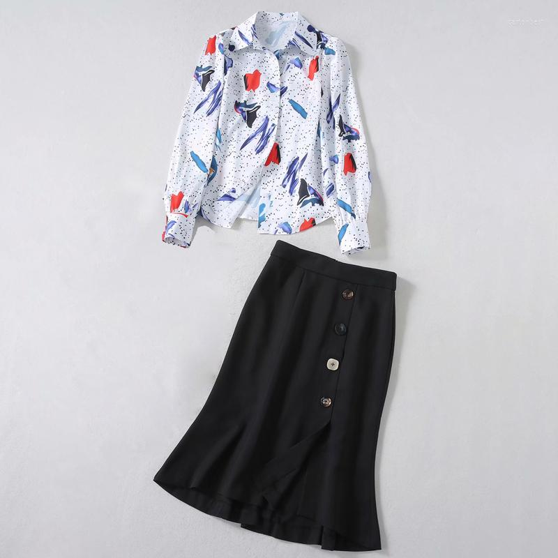 

Work Dresses QUALITY HIGH 2023 Summer Fashion Runway Designer Set Women' Shirt Neck Floral Print Blouses Top Short Skirt, Picture shown