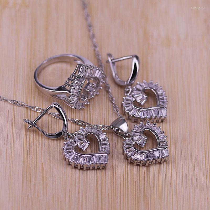 

Necklace Earrings Set Trendy Silver Color Jewelry For Women Heart CZ Stone Charm Pendants Necklaces Rings LOVE Anniversary Gift, Picture shown