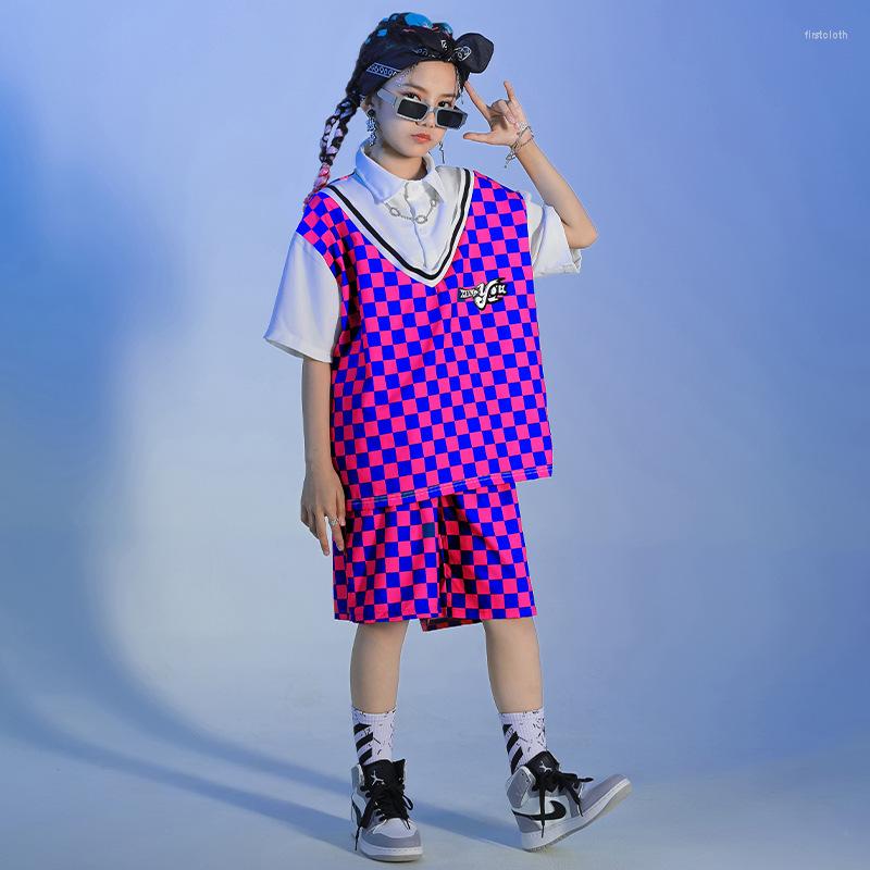 

Stage Wear Kid Kpop Hip Hop Clothing Purple Green Checkered Lapel Oversized T Shirt Summer Shorts For Girl Boy Dance Costume Clothes Set, Purple top shorts