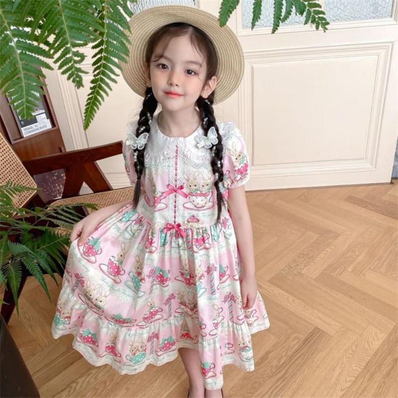 

Girl Dresses Summer Girls Casual Dress Cartoon Pink Teacup Print Lace Doll Collar Princess