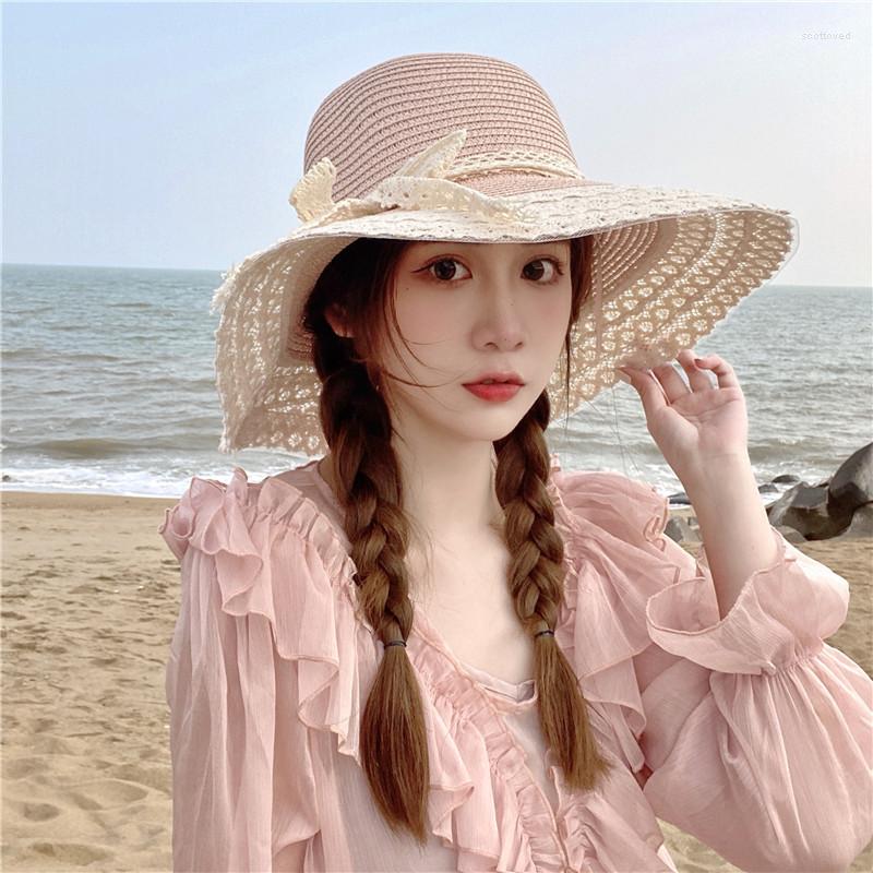 

Wide Brim Hats Spring And Summer Panama Women's Lace Ribbon Sunshade Beach Sun Straw Hat Fashion Sunscreen Big Bowknot Cap H57, Pink