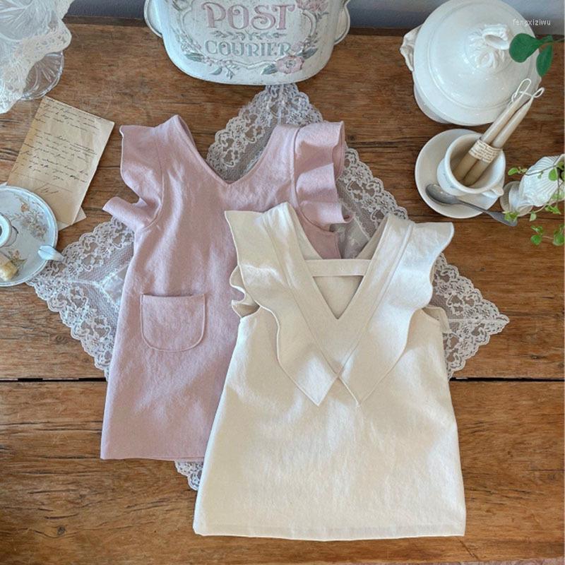 

Girl Dresses 0-3Y Toddler Girls Spring Summer Solid V-Neck Kids Skirt Cute Baby Flying Sleeve Cotton Princess Dress Vestidos, Beige