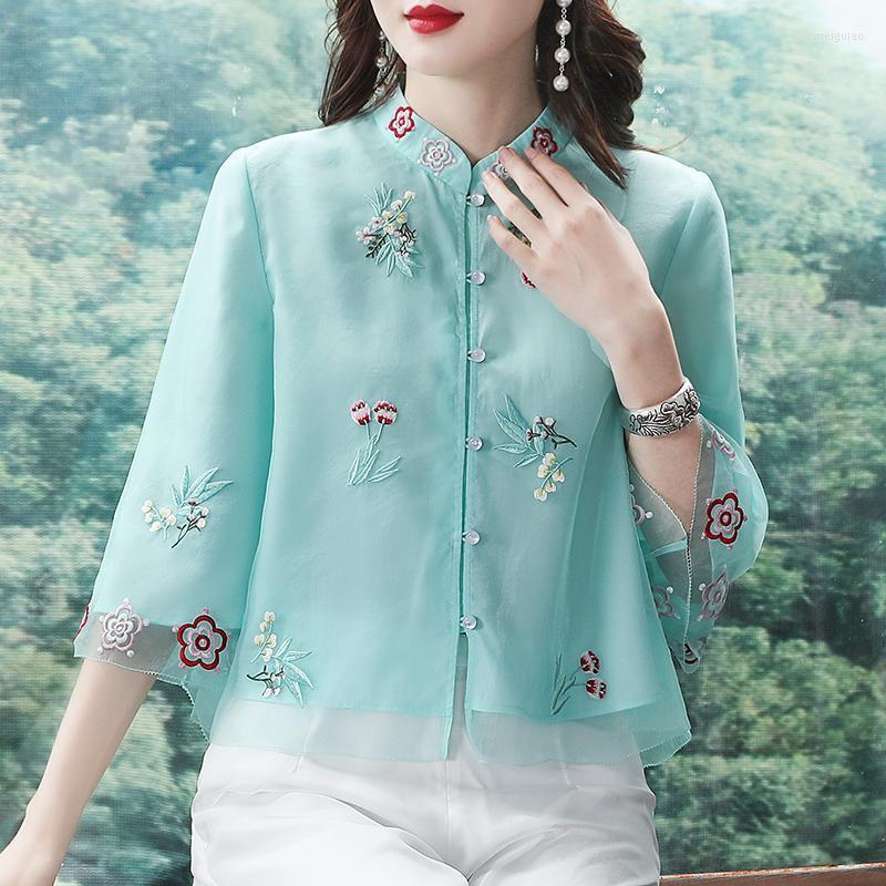 

Ethnic Clothing Blouse Women Green Pink Chinese Embroidery Vintage Long Sleeve Ladies Casual Tang Suit Tops Chaqueta China