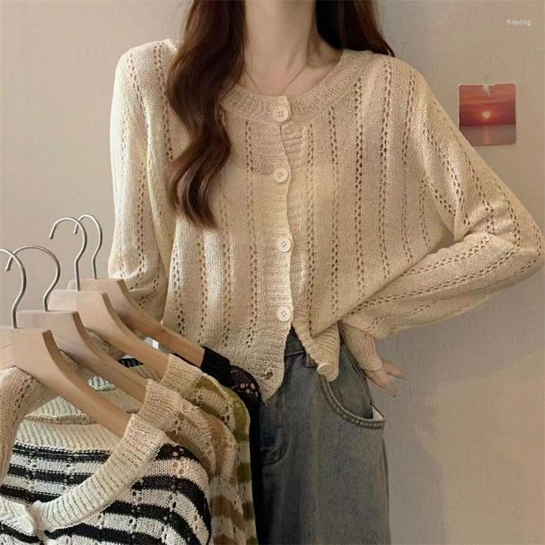 

Women's Knits 2023 Sexy Hollow Out Knitted Cardigans Casual Thin O Neck Full Sleeve Button Sweater Top Basic Blusas Korea Style Jumper, Black
