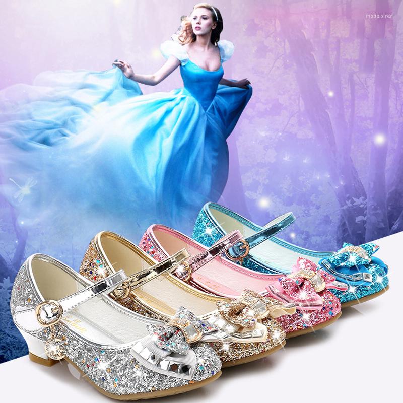 

Flat Shoes Autumn 2023 Girl's Leather High Heels Princess Sequin Upper Bow Decoration Blue Pink Gold Children's Dance, Red