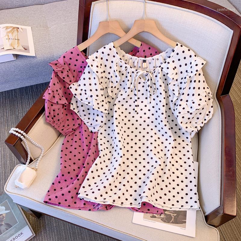 

Women's Blouses -4XL Large Size V-neck Women Oversize Polka Dot Lace Up Shirts Summer Temperament Edge Puff Sleeve Tops Sweet, Rose red