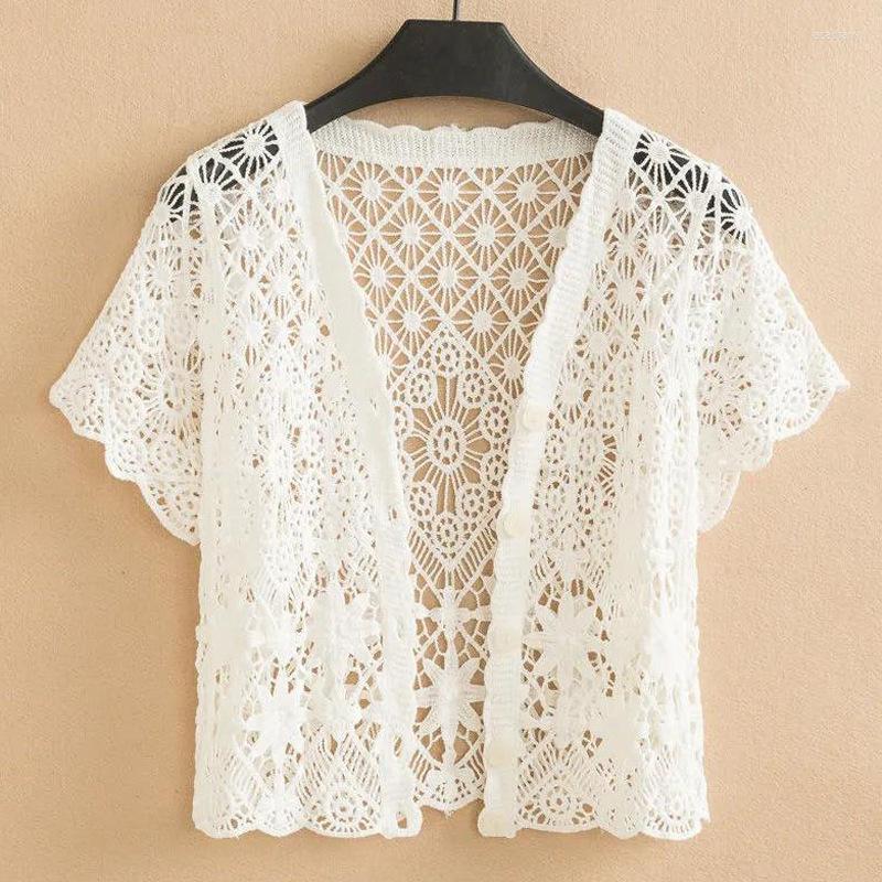

Women's Knits Summer Short-Sleeved Sun Protection Clothing Women's Small Shawl With Skirt Blouse Short Outer Wear Hollow Knitted, White